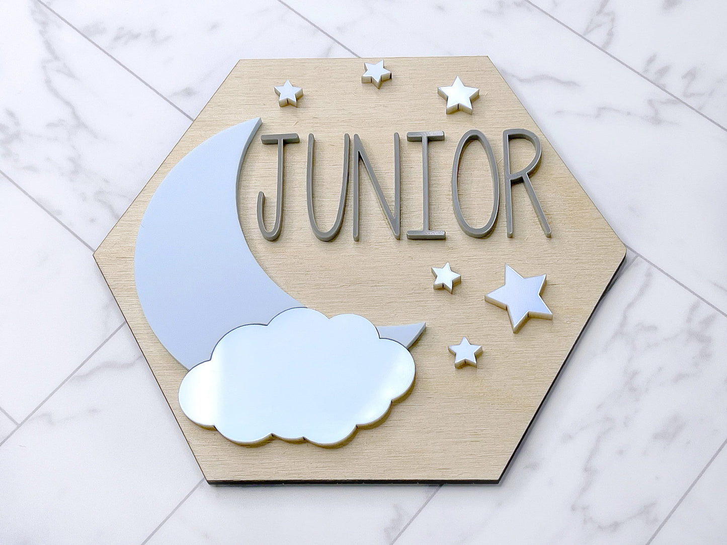 Moon Name Sign Baby 3D Name Announcement Sign Moon and Stars Newborn Photo Prop Hospital Plaque Sizes: 5.5 & 11.5 OTHER COLORS