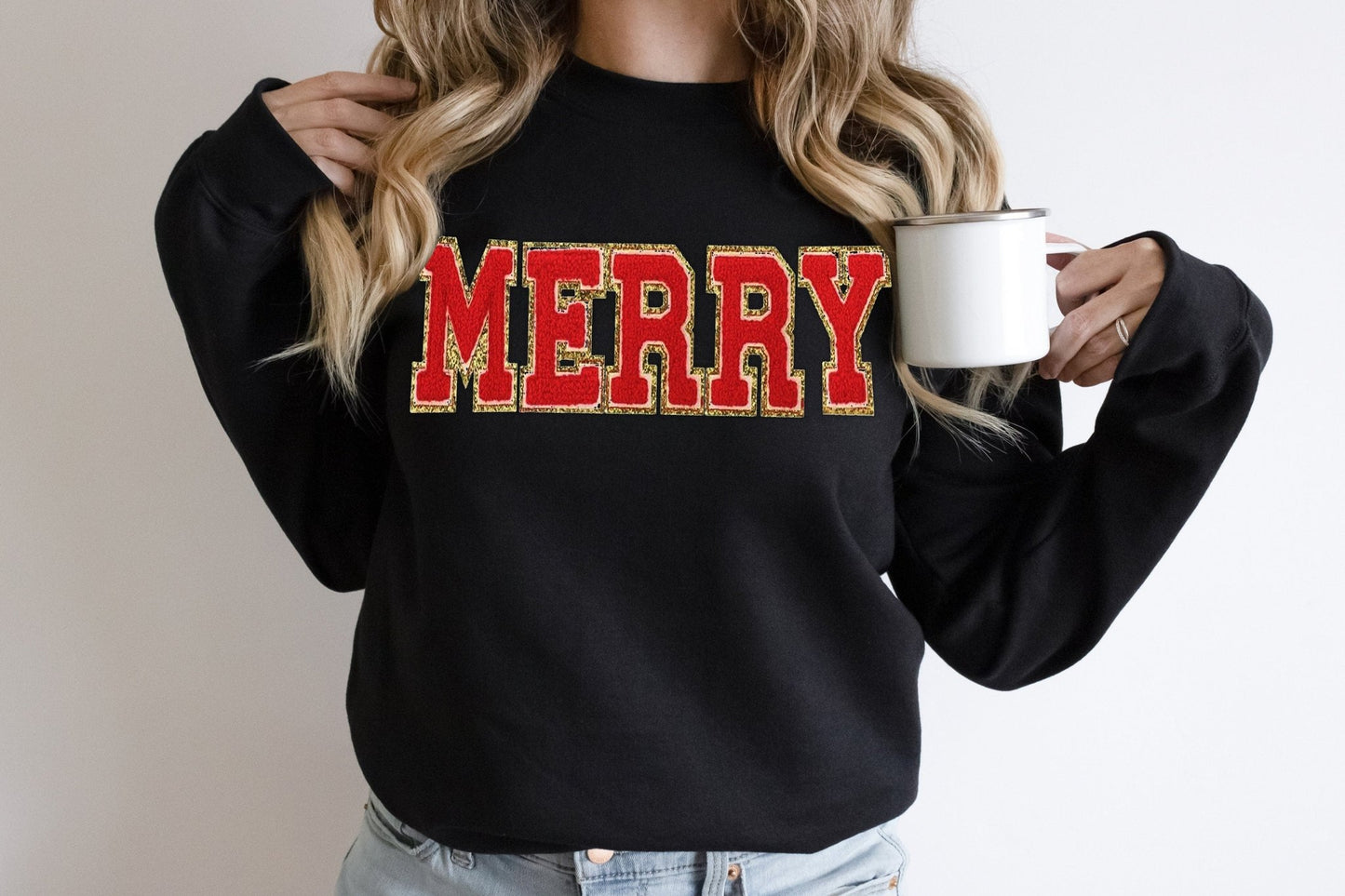 MERRY Faux Chenille Patch Christmas Sweatshirt - Squishy Cheeks