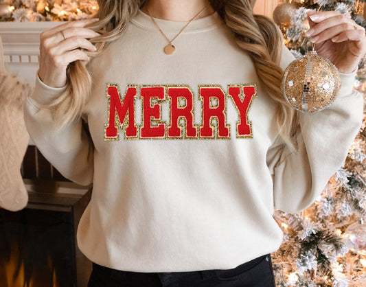 MERRY Faux Chenille Patch Christmas Sweatshirt - Squishy Cheeks