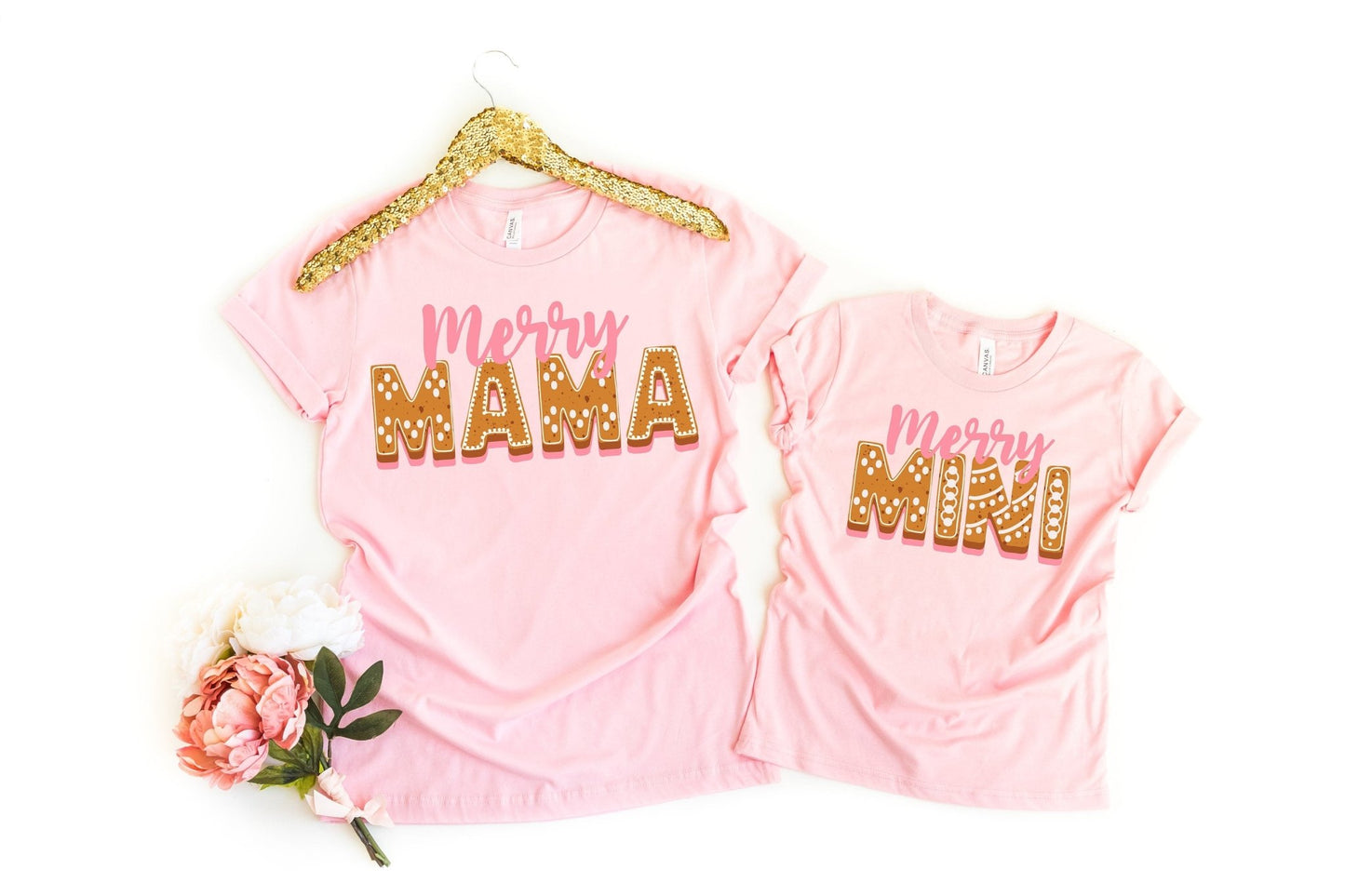 Merry Mama and Mini Matching Christmas Cookie shirt Set Merry and Bright Pink Christmas Modern Tees Mama and Me Set Holiday Top - Squishy Cheeks