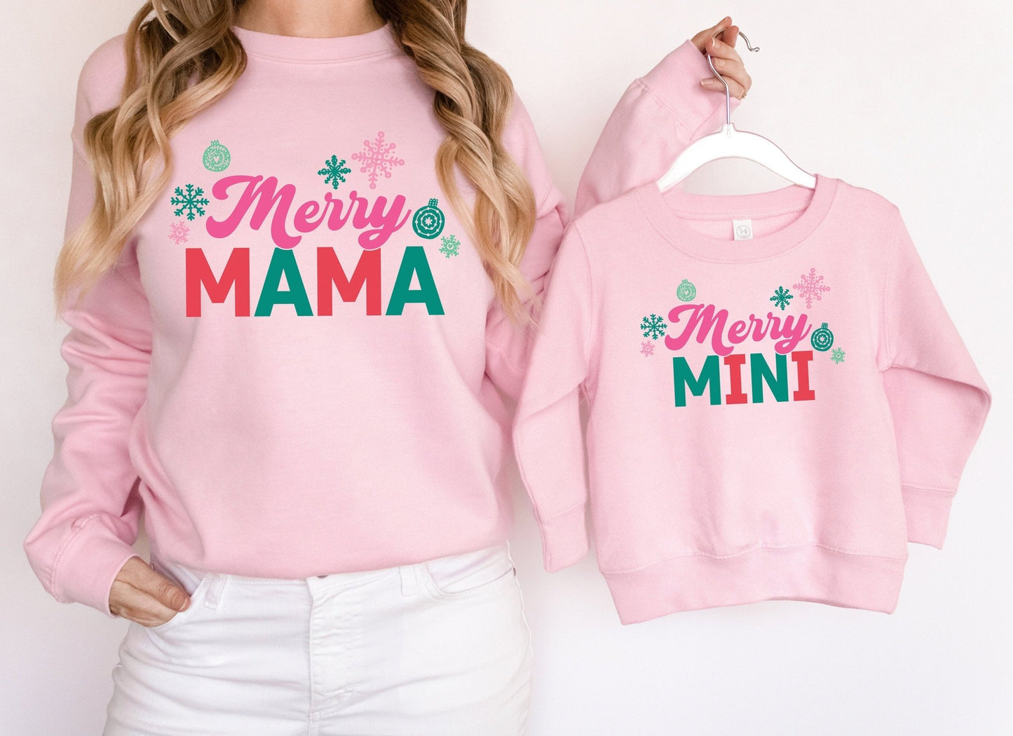 Merry Mama and Mini Matching Christmas Pink Sweatshirts tee shirts - Squishy Cheeks