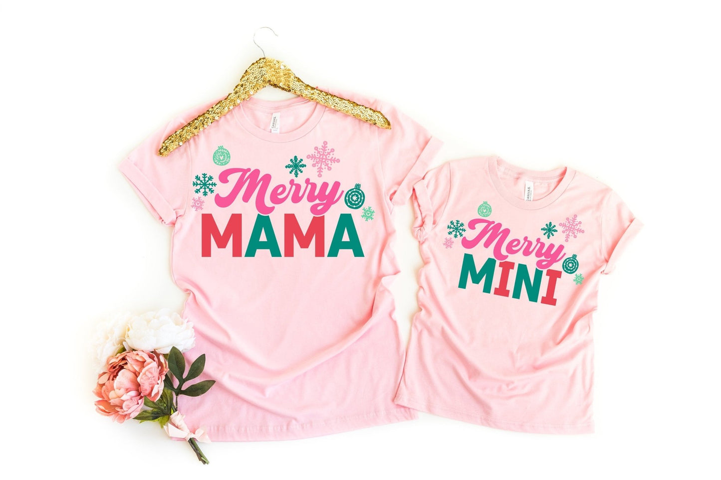 Merry Mama and Mini Matching Christmas Pink Sweatshirts tee shirts - Squishy Cheeks