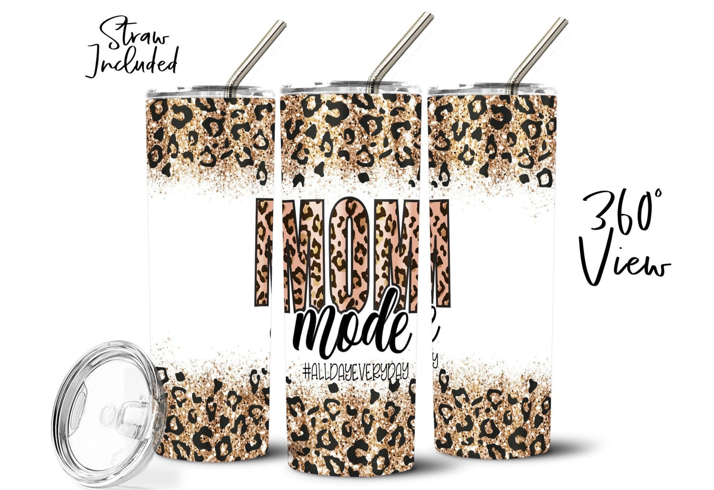 Mom Mode Leopard Tumbler Gift for Mom Faux Glitter Tumbler Water Bottle Gift for Mom Stainless Steel Tumbler Straw Birthday Gift for Mom - Squishy Cheeks