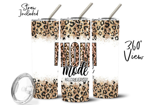 Mom Mode Leopard Tumbler Gift for Mom Faux Glitter Tumbler Water Bottle Gift for Mom Stainless Steel Tumbler Straw Birthday Gift for Mom - Squishy Cheeks