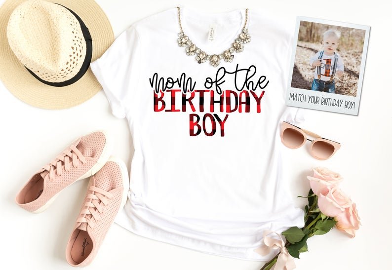 Mom of the Birthday Boy Buffalo Plaid Matching Birthday Shirt - Squishy Cheeks