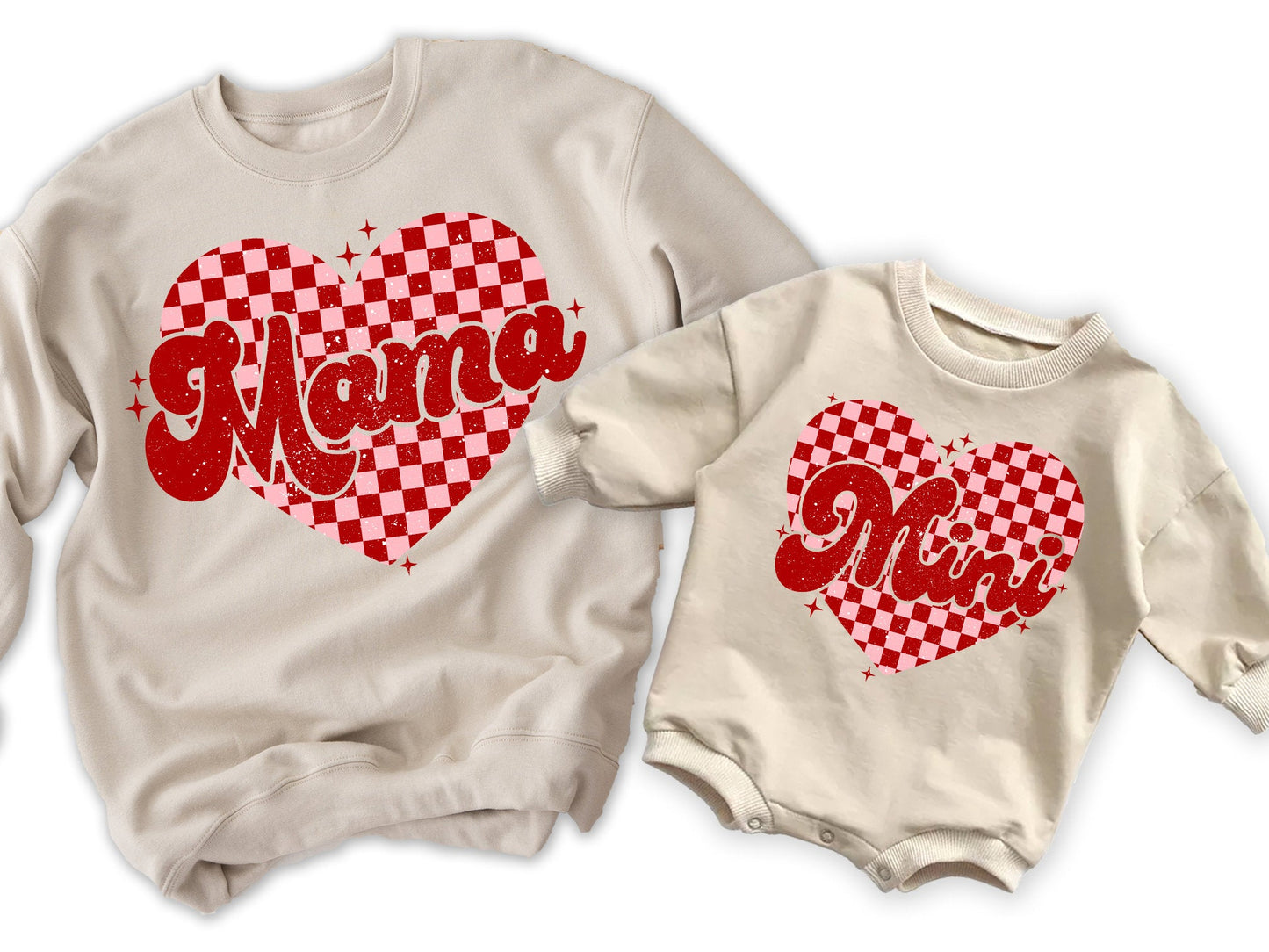 Mommy and Me Valentines Day Sweatshirts Mama Mini Checkered Heart Valentines Day Sweatshirt Matching Mom Kids Valentine Sweater - Squishy Cheeks