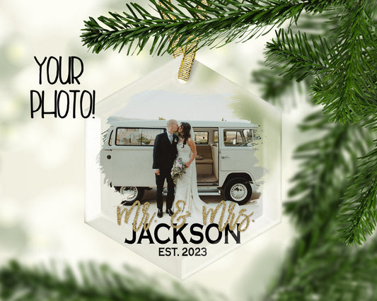 Mr. & Mrs. Hexagon Clear Photo Ornament - Squishy Cheeks