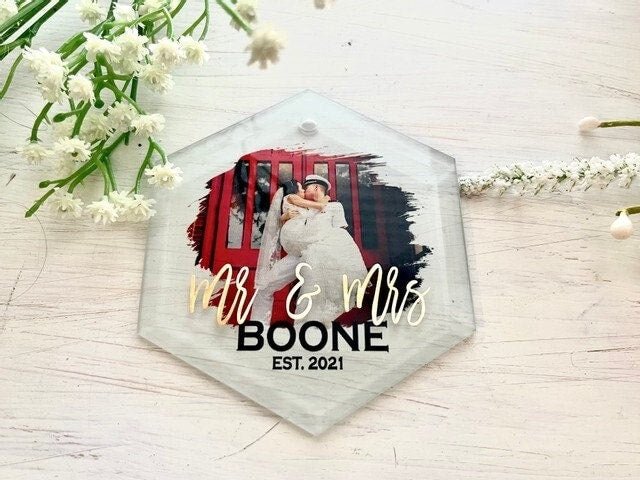Mr. & Mrs. Hexagon Clear Photo Ornament - Squishy Cheeks