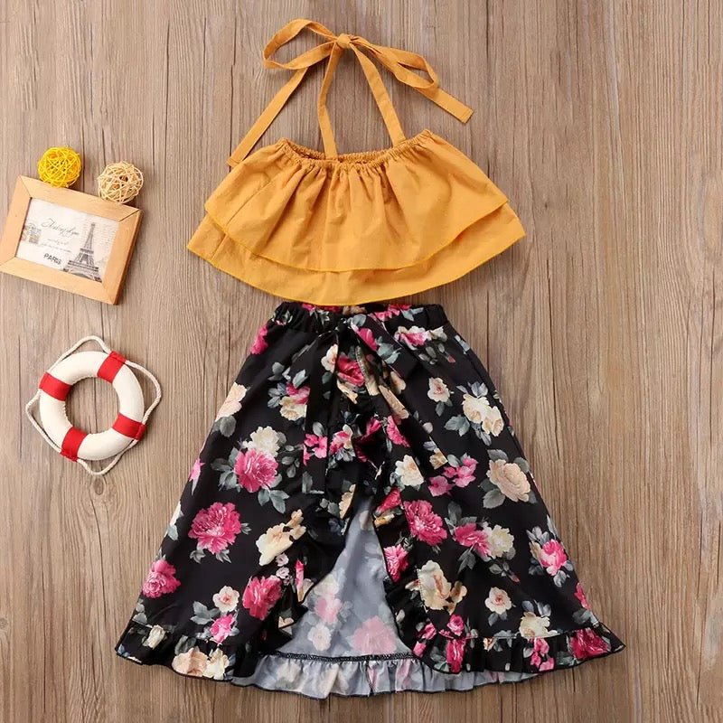 Mustard Halter Crop Top w/ Floral Skirt - Squishy Cheeks