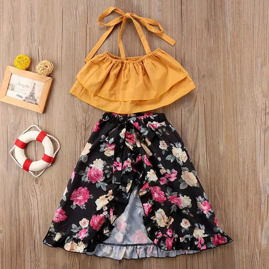 Mustard Halter Crop Top w/ Floral Skirt - Squishy Cheeks