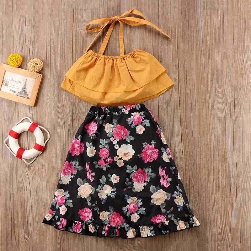 Mustard Halter Crop Top w/ Floral Skirt - Squishy Cheeks