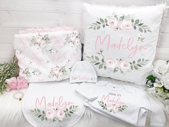 New Baby Girl Personalized Floral Gift Set - Squishy Cheeks