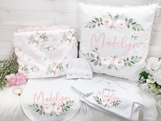 New Baby Girl Personalized Floral Gift Set - Squishy Cheeks
