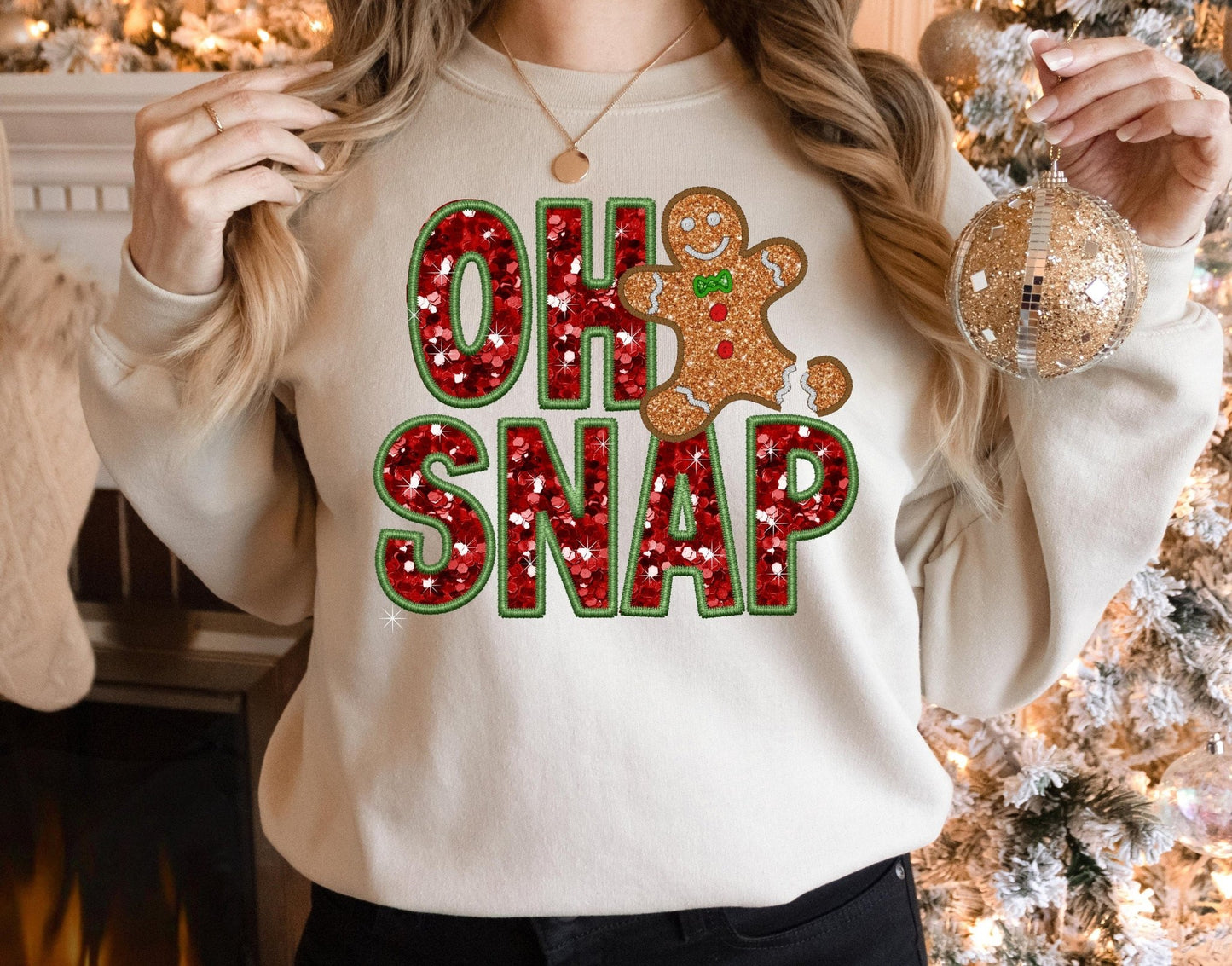 Oh Snap Faux Glitter Baby Girl Christmas Romper Sweatsuit 1st Christmas Outfit - Squishy Cheeks