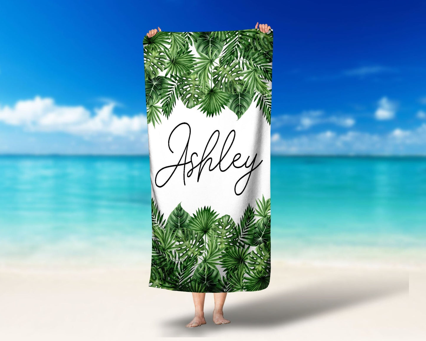 Palm Leaf Personalized Beach Towel Tropical Custom Beach Name Pool Towel Custom Towel Children's Pool Towel Bathing Towel - Squishy Cheeks