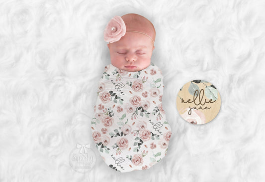 Personalize Baby Girl Blanket Pink Rose Blanket Custom Name Blanket Rose Swaddle Baby Shower Gift Blanket Receiving Blanket or Plush Blanket - Squishy Cheeks