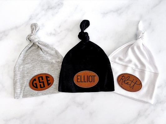 Personalized Baby Boy Hat Vegan Leather Infant Baby Hat with Name Gender Neutral Baby Beanie Knotted Hat Custom Baby Knotted Cap Shower Gift - Squishy Cheeks