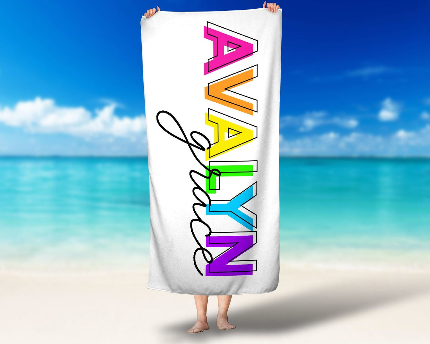 Personalized Beach Towel Neon Rainbow Custom Beach Name Pool Towel Custom Towel Retro Font Towel Children's Pool Towel Bathing Towel - Squishy Cheeks