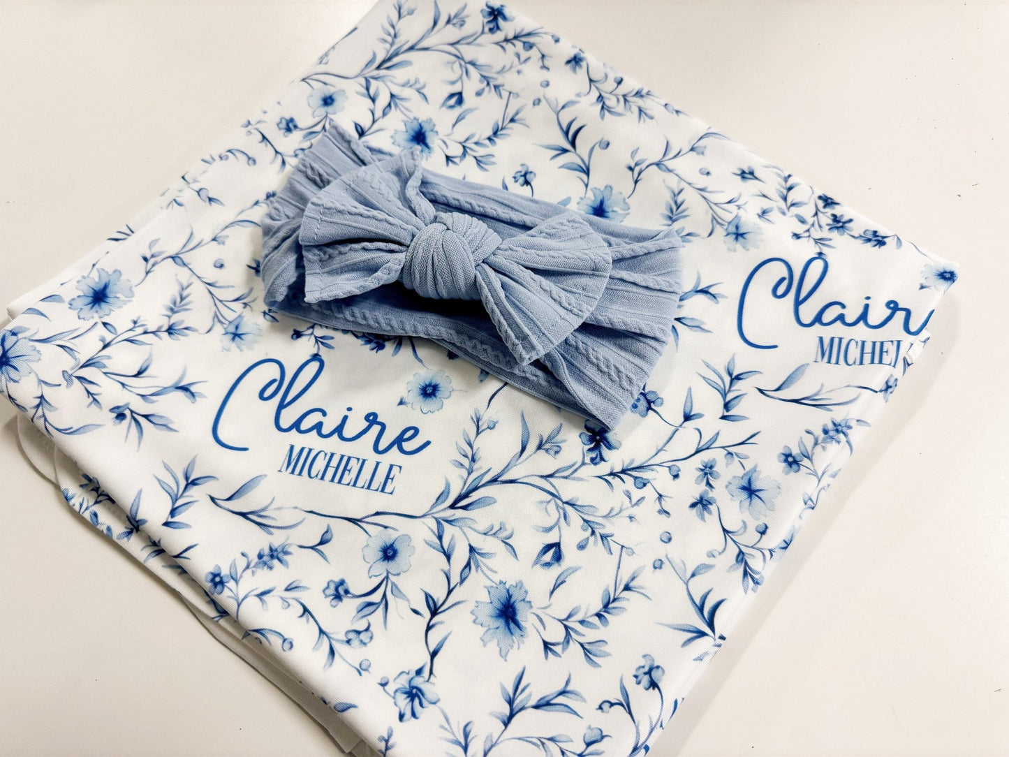 Personalized Blue Floral Baby Swaddle Toile Nursery Blanket Chinoiserie Baby Girl - Squishy Cheeks
