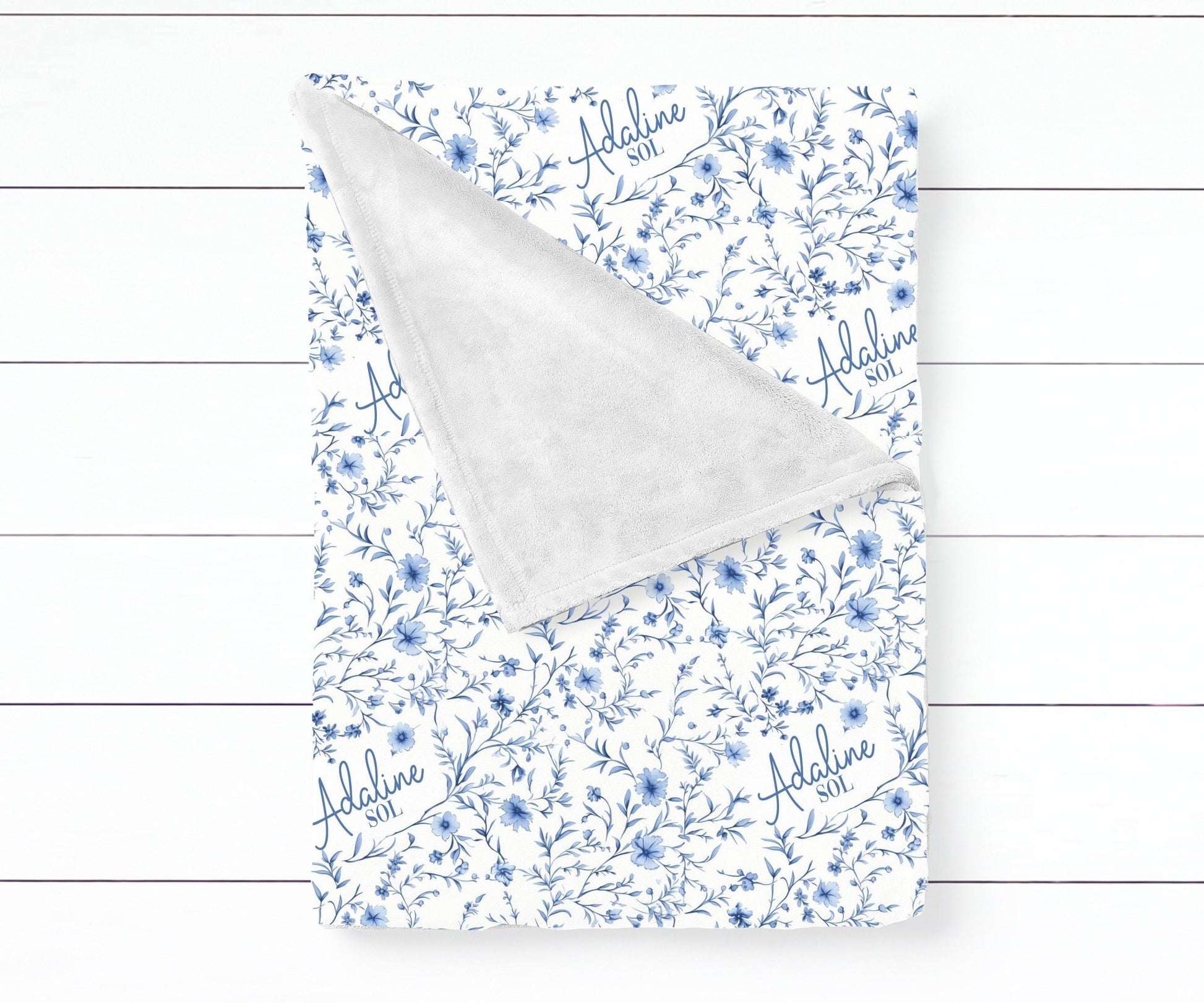 Personalized Blue Floral Baby Swaddle Toile Nursery Blanket Chinoiserie Baby Girl - Squishy Cheeks