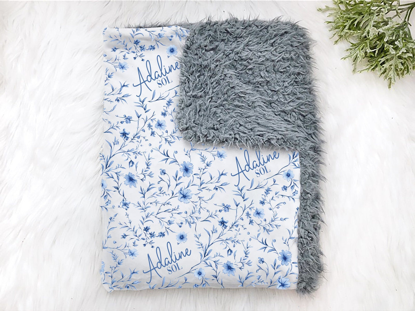 Personalized Blue Floral Baby Swaddle Toile Nursery Blanket Chinoiserie Baby Girl - Squishy Cheeks