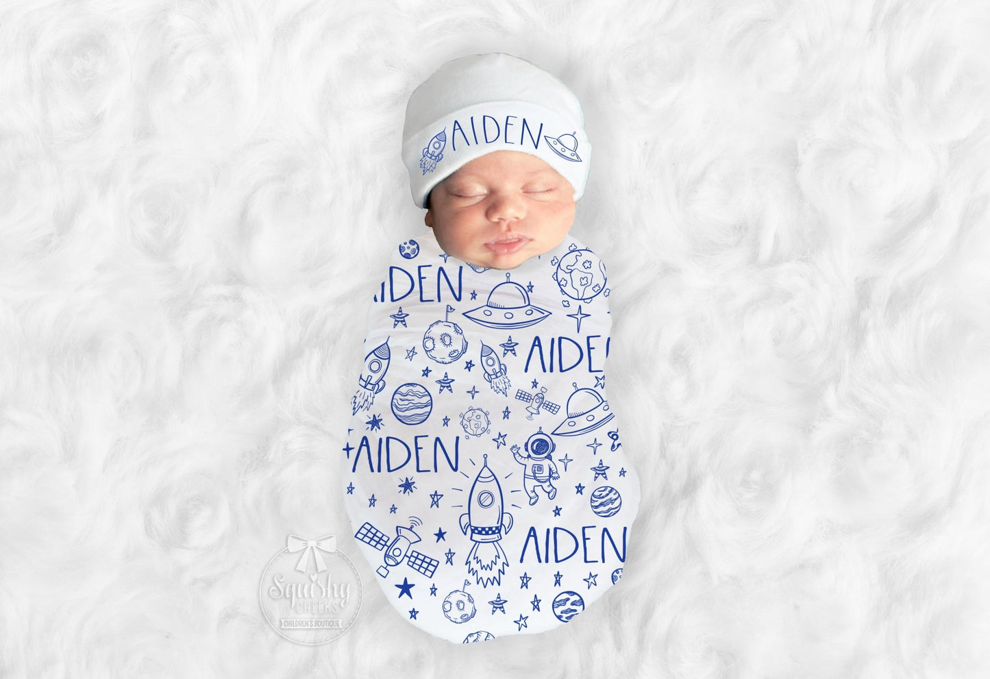 Personalized Blue Outer Space Swaddle Blanket - Squishy Cheeks