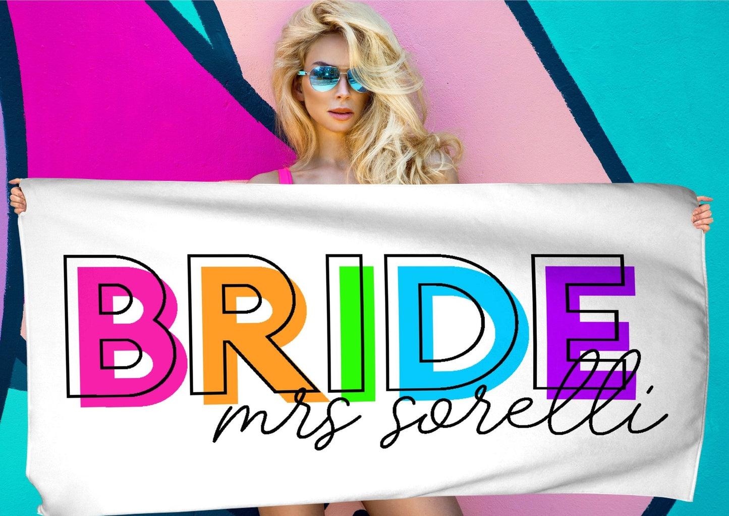 Personalized Bride Towel Neon Rainbow Custom Beach Towel Bachelorette Party Towel Honeymoon Towel Bride Tribe Squad Bach Towels - Squishy Cheeks