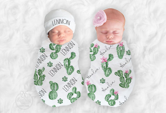 Personalized Cactus Succulent Swaddle Blanket - Squishy Cheeks