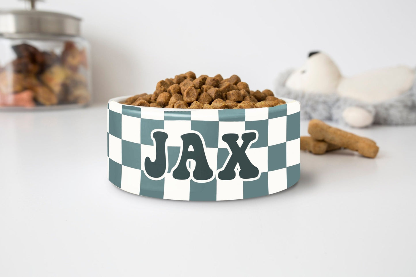 Personalized Checkered Retro Dog Bowl Cat Pet Bowl with Name Ceramic - Squishy Cheeks