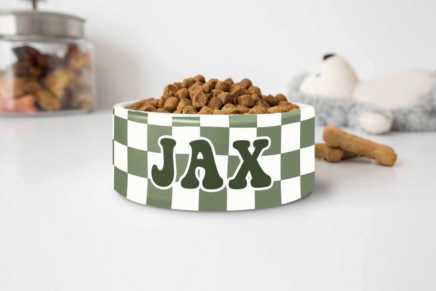 Personalized Checkered Retro Dog Bowl Cat Pet Bowl with Name Ceramic - Squishy Cheeks