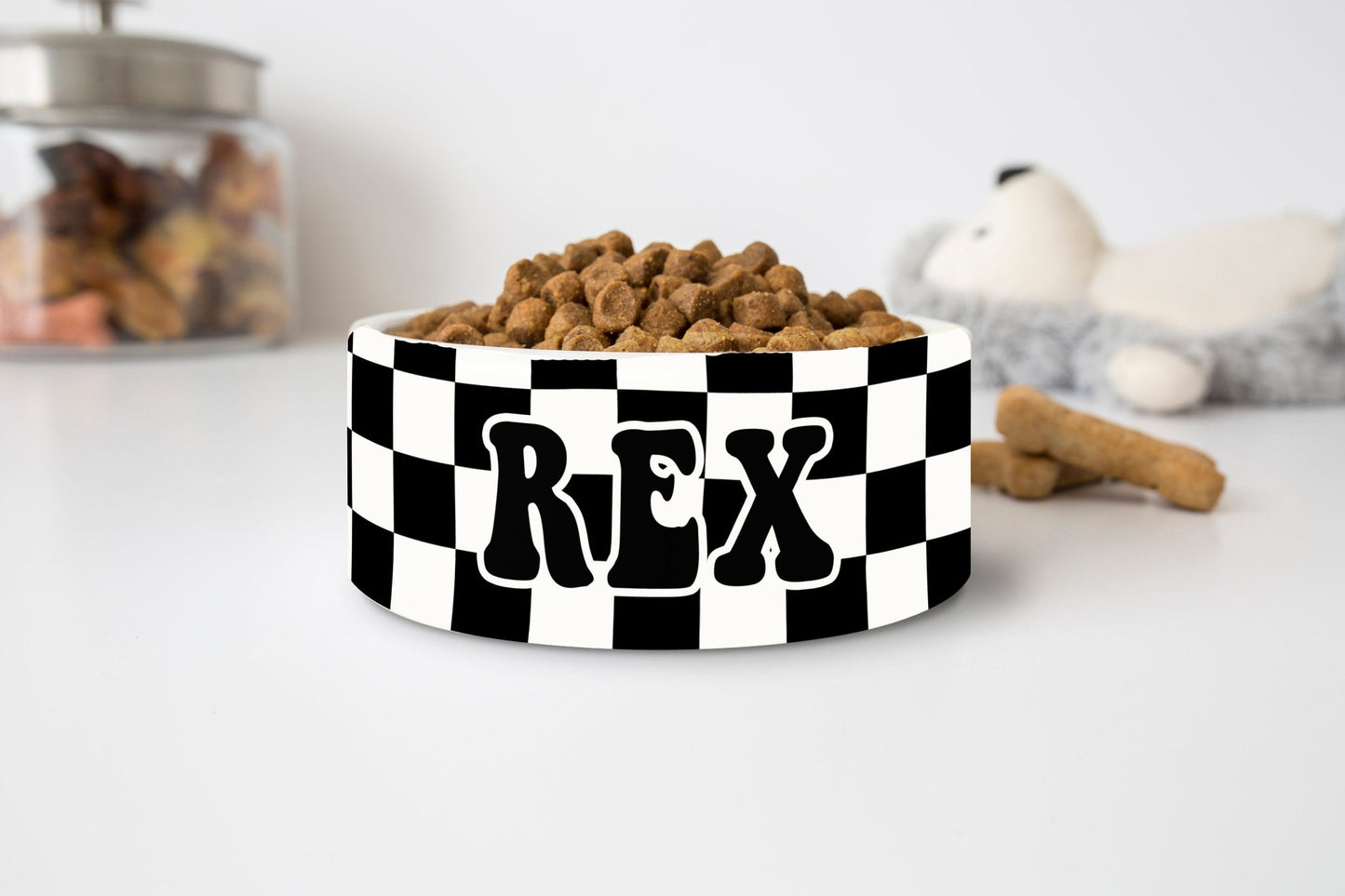 Personalized Checkered Retro Dog Bowl Cat Pet Bowl with Name Ceramic - Squishy Cheeks