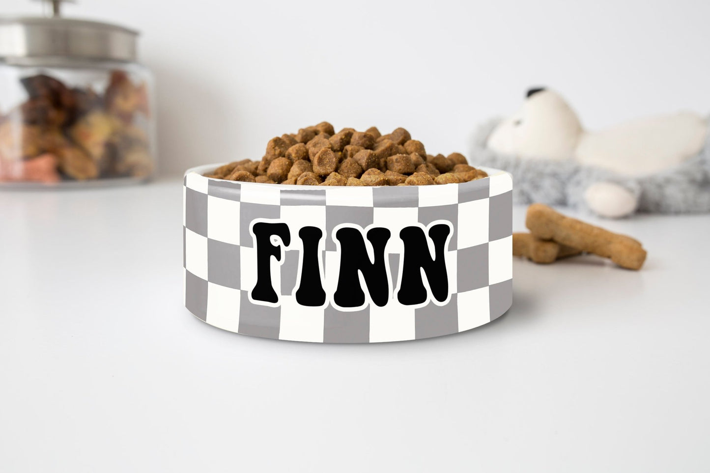 Personalized Checkered Retro Dog Bowl Cat Pet Bowl with Name Ceramic - Squishy Cheeks