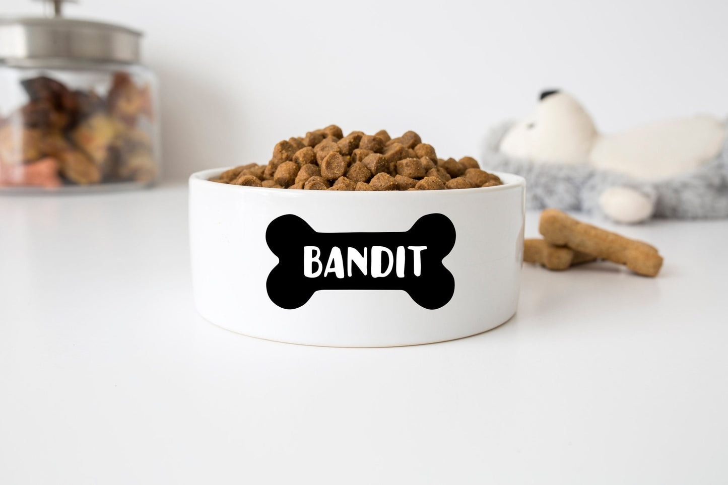 Personalized Dog Bowl Cat Pet Bowl with Name Dog Bone Gift for Pet Food Bowl Water Bowl Small Cat Bowls Ceramic 6" or 7" White - Squishy Cheeks