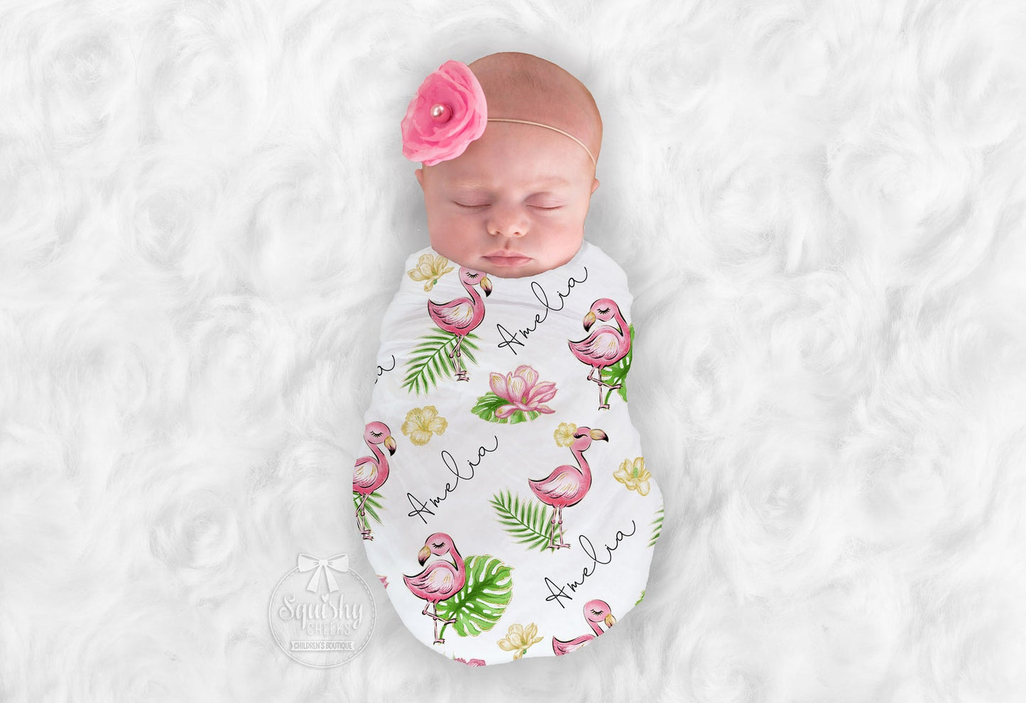 Personalized Flamingo Nursery Swaddle Blanket - Squishy Cheeks