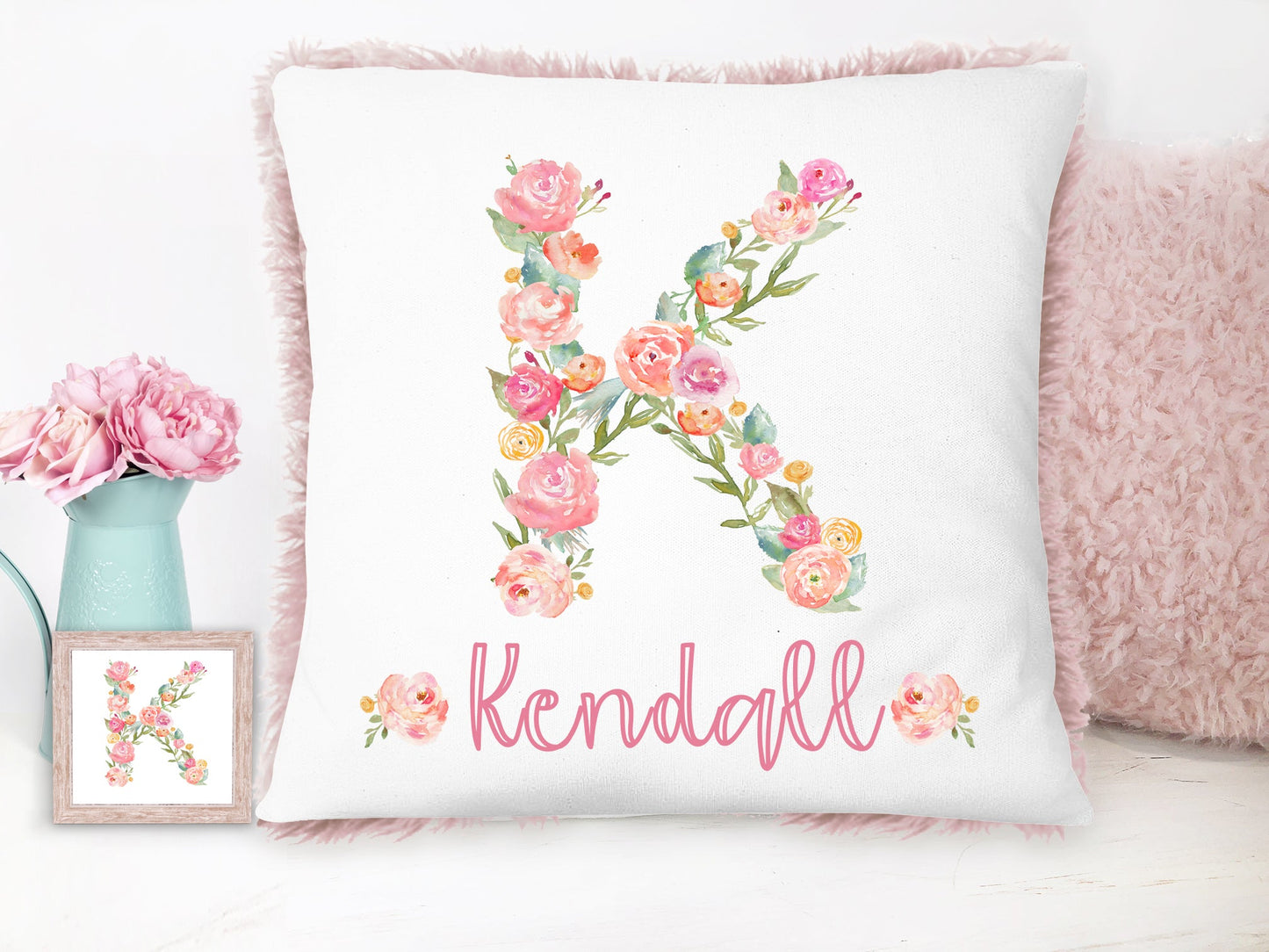 Personalized Floral Monogram Pink Plush Pillow - Squishy Cheeks