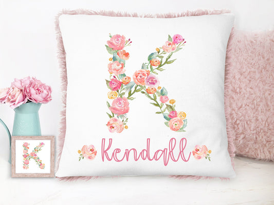 Personalized Floral Monogram Pink Plush Pillow - Squishy Cheeks