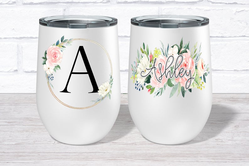 Personalized Floral Monogram Wine Tumbler - Squishy Cheeks