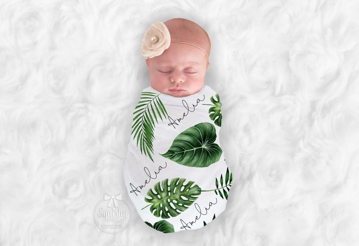 Personalized Leaf Nursery Swaddle Blanket - Squishy Cheeks