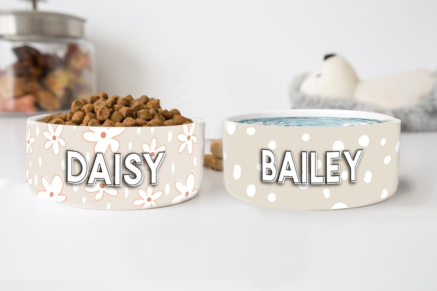 Personalized Neutral Dog Bowl Cat Pet Bowl with Name Gift for Pet Food Bowl Water Bowl Small Cat Bowls Ceramic 6" or 7" - Squishy Cheeks