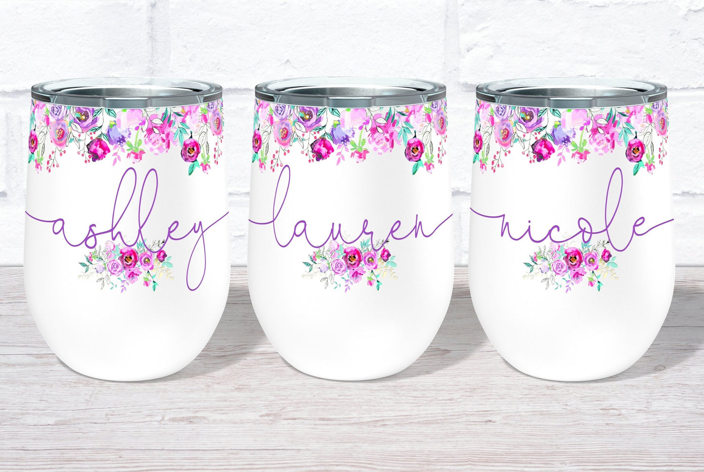Personalized Purple Floral Wine Tumbler Bridal Party Gift - Squishy Cheeks