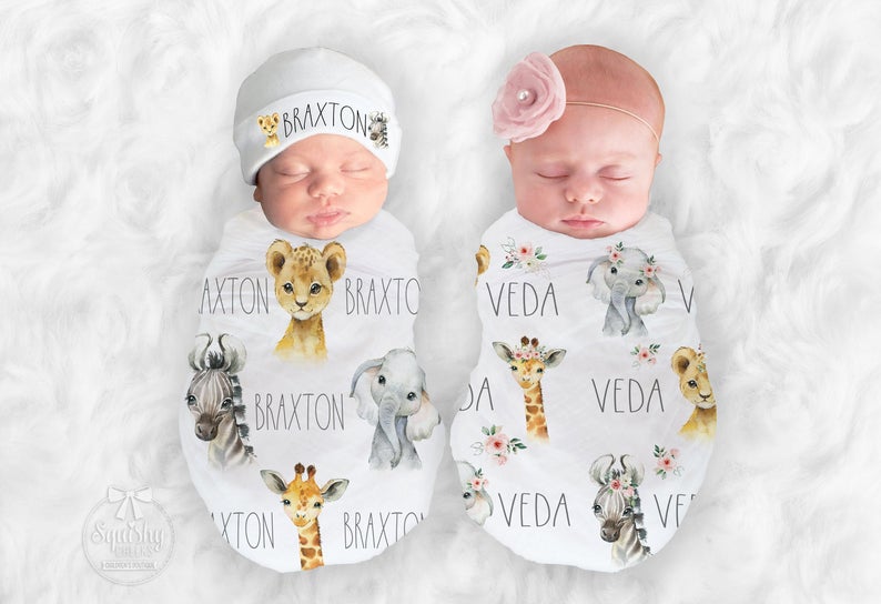 Personalized Safari Animals Jungle Swaddle Blanket - Squishy Cheeks
