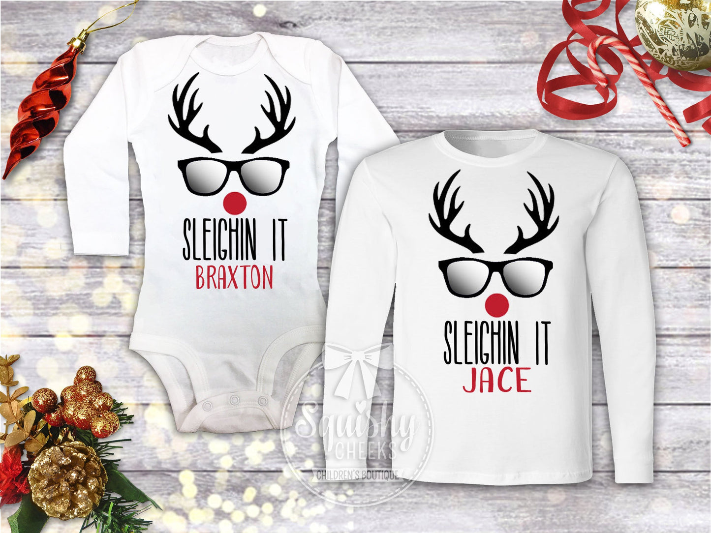 Personalized Sleighing It Boy's Christmas Shirt - Squishy Cheeks