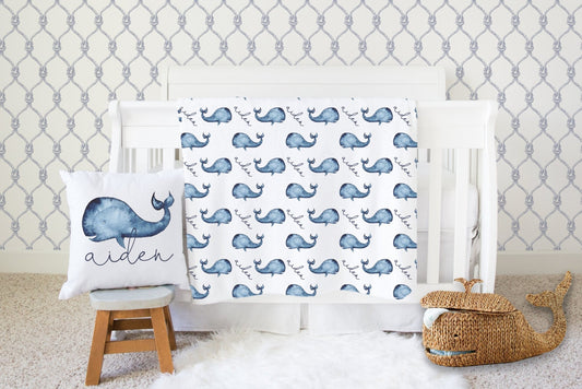 Personalized Whale Blanket Nautical Whale Nursery Baby Boy Blanket Pillow Set Baby Swaddle Nautical Baby Shower Gift Name Receiving Blanket - Squishy Cheeks