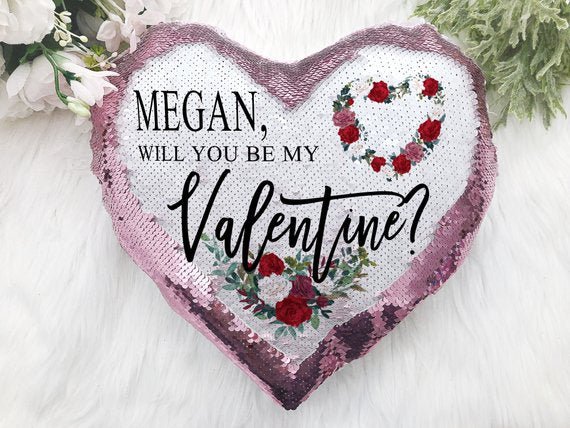 Personalized Will You Be My Valentine Heart Shaped Sequin Pillow - Squishy Cheeks