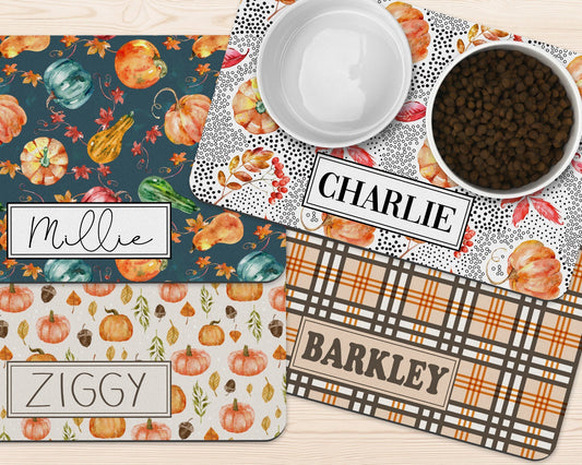 Pet Fall Decor Personalized Fall Dog Mat Pumpkin Custom Pet Placemat Cat Food Mat with Name Gift for Pet 12x18 Rubber Non-Slip Mat - Squishy Cheeks