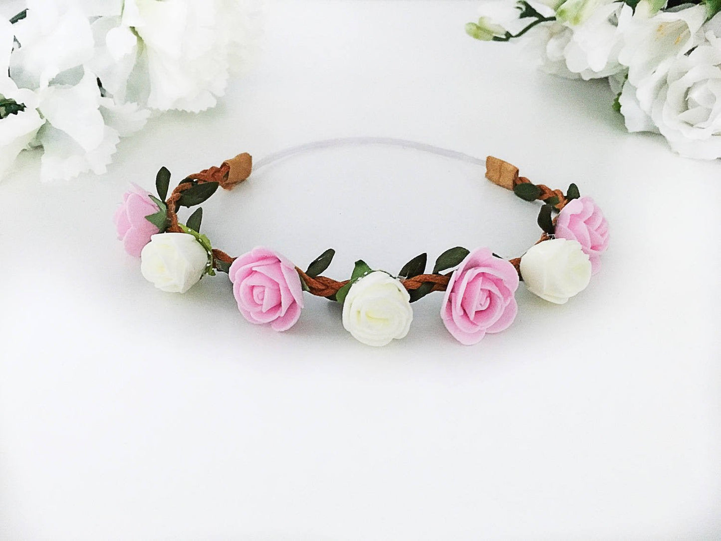 Pink and Ivory Baby Flower Crown Headband - Squishy Cheeks