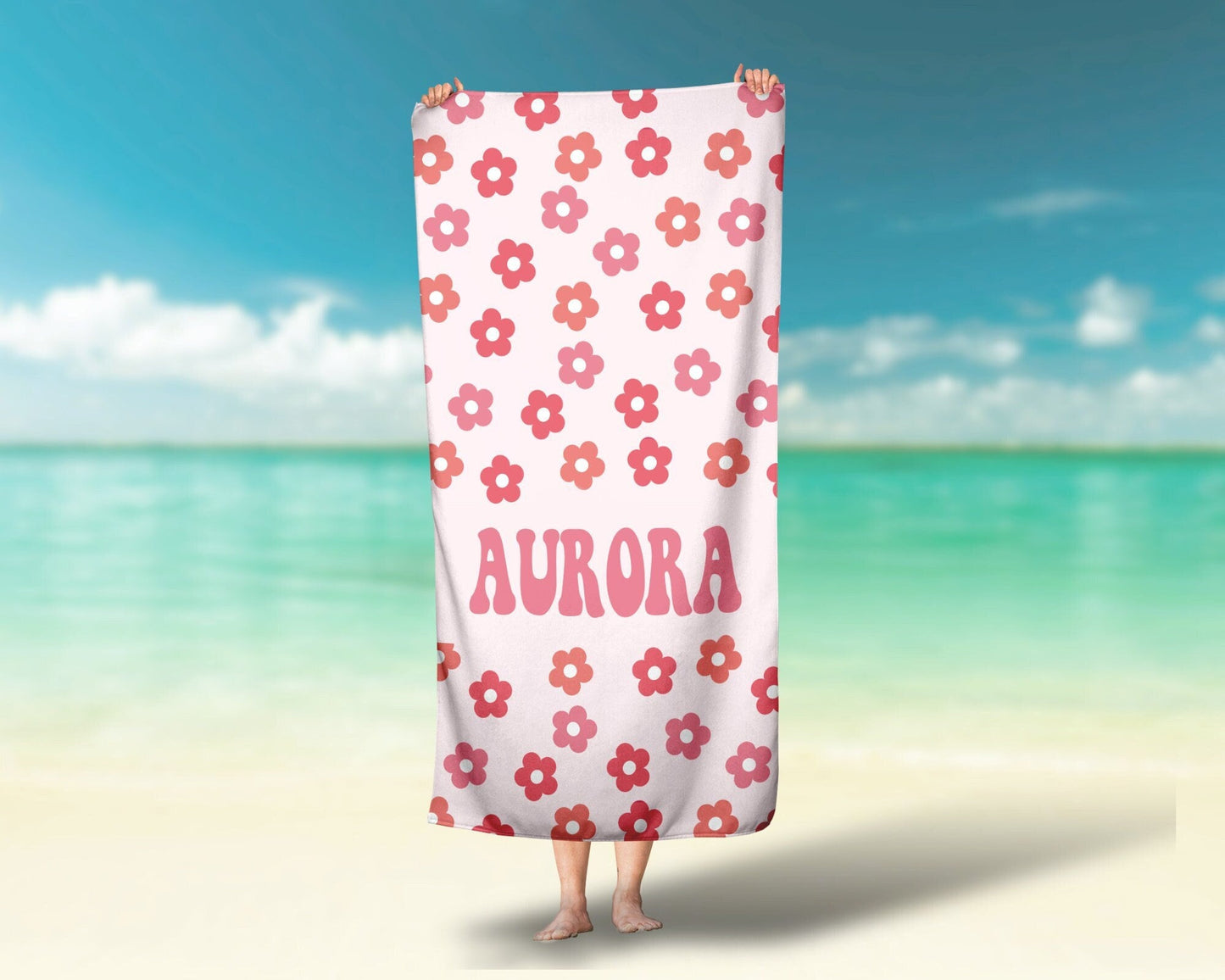 Pink Daisy Groovy Personalized Beach Towel Custom Name Pool Towel - Squishy Cheeks