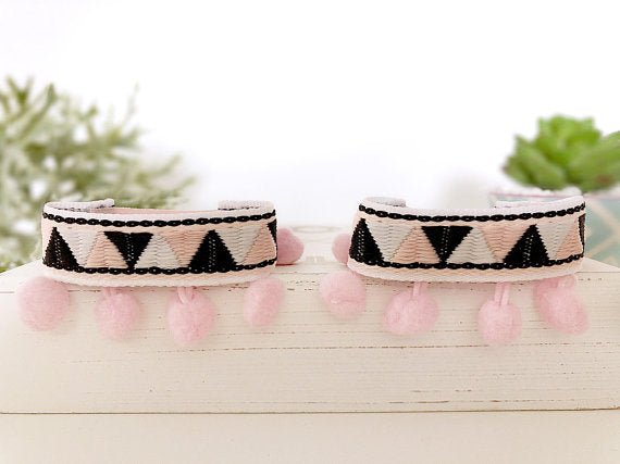 Pink Pom Pom Boho Beaded Fringe Anklets - Squishy Cheeks