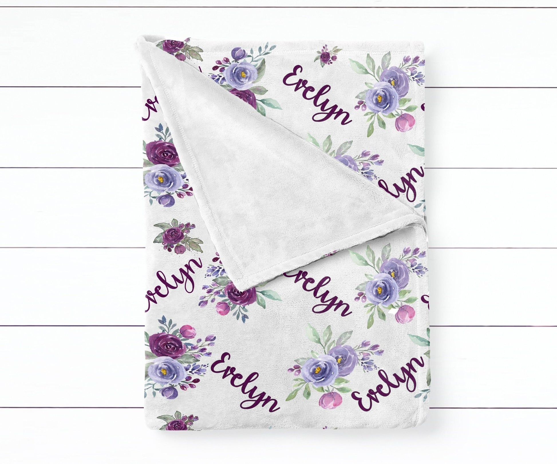 Purple Baby Girl Blanket Gift Set Personalized Baby Shower Gift Purple Floral Pillow Blanket Gown Burp Cloth Hat Bracelet Sandals Headband - Squishy Cheeks