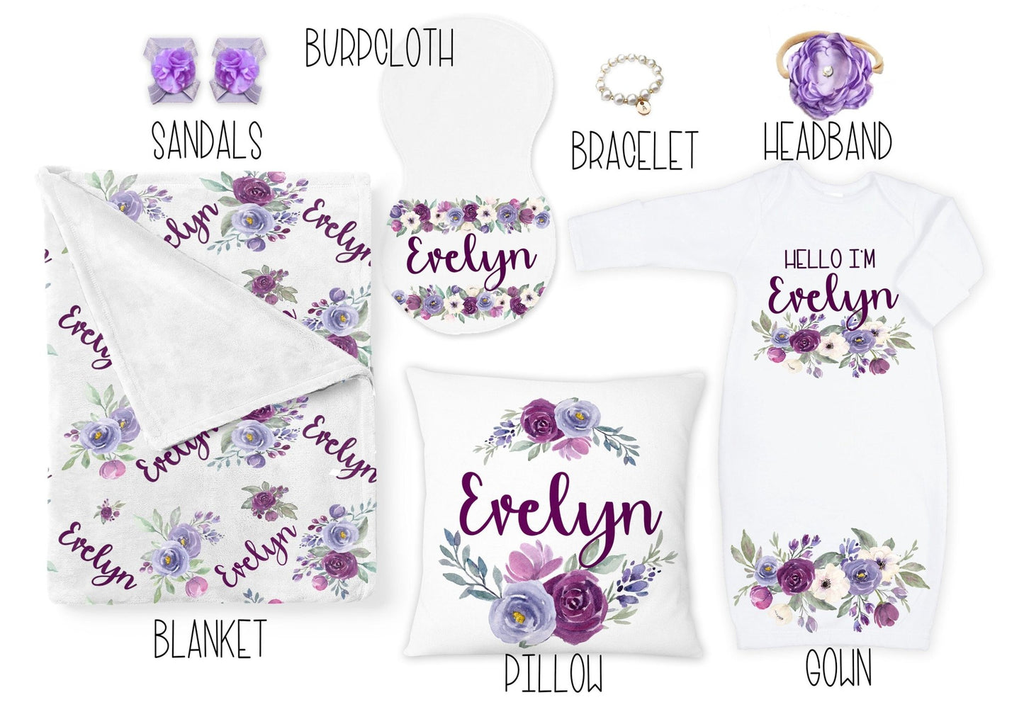Purple Baby Girl Blanket Gift Set Personalized Baby Shower Gift Purple Floral Pillow Blanket Gown Burp Cloth Hat Bracelet Sandals Headband - Squishy Cheeks
